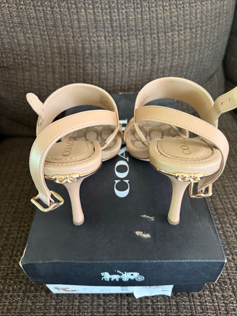 Coach Rori Leather Sandal   Beige/Tan Signature Strap High Heel Sandals - Picture 2 of 5
